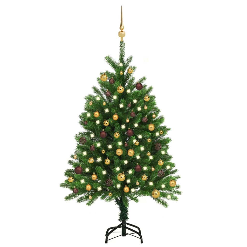 vidaXL Osvetlený umelý vianočný stromček s guľami 120 cm, zelený