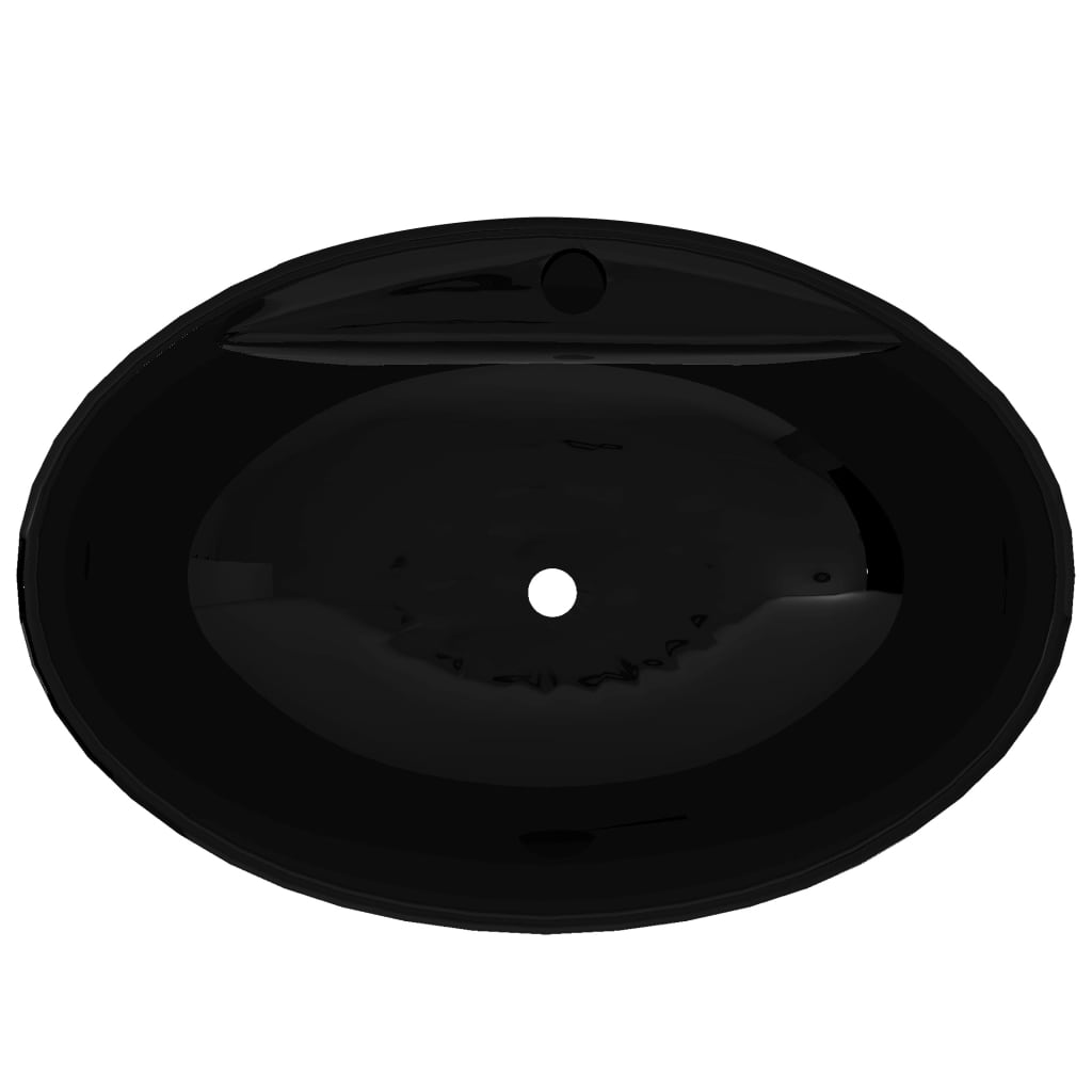Čierne oválne keramické umývadlo do kúpeľne s otvorom na batériu
