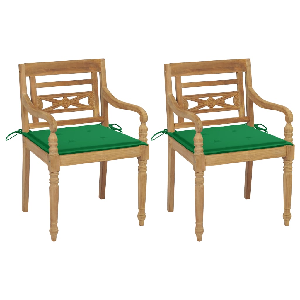vidaXL Batavia stoličky 2 ks so zelenými vankúšmi tíkový masív
