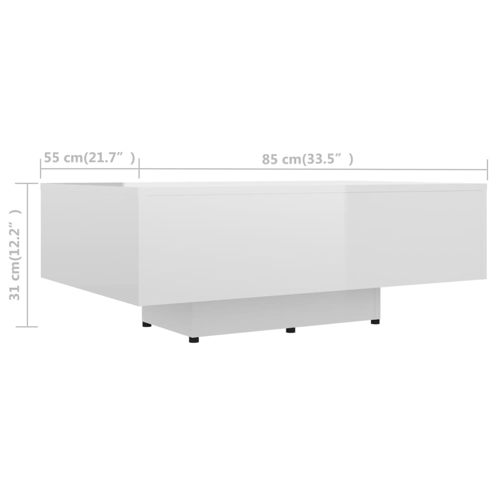 vidaXL Konferenčný stolík, lesklý biely 85x55x31 cm, drevotrieska