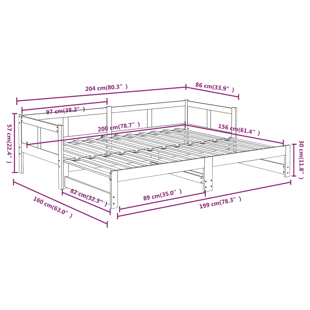 vidaXL Rozkladacia denná posteľ borovicový masív 2x(80x200) cm