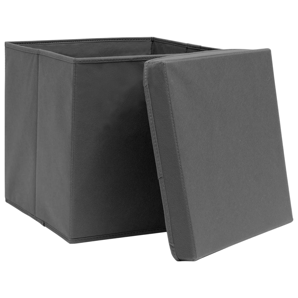 vidaXL Úložné boxy s vekom 4 ks, 28x28x28 cm, sivé