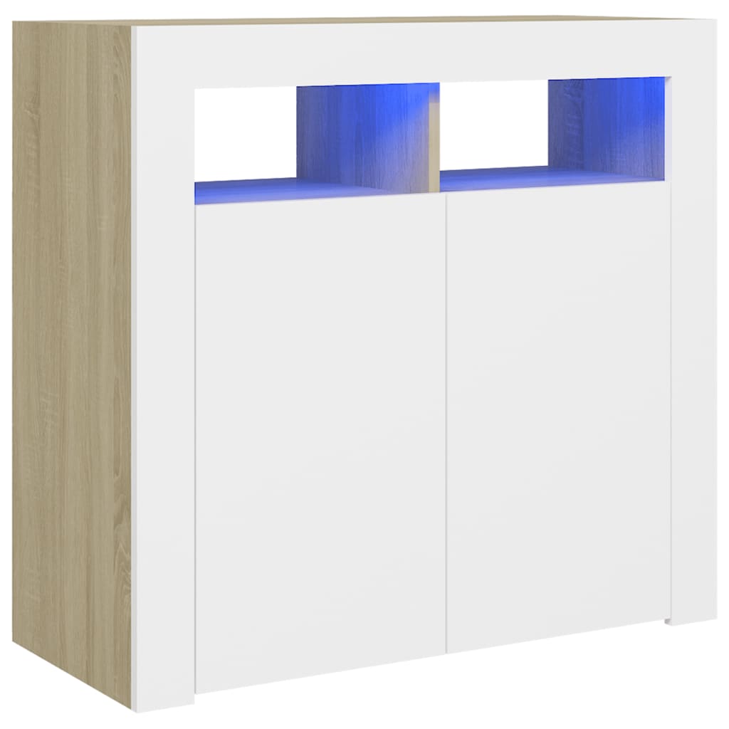 vidaXL Komoda s LED svetlami biela a dub sonoma 80x35x75 cm