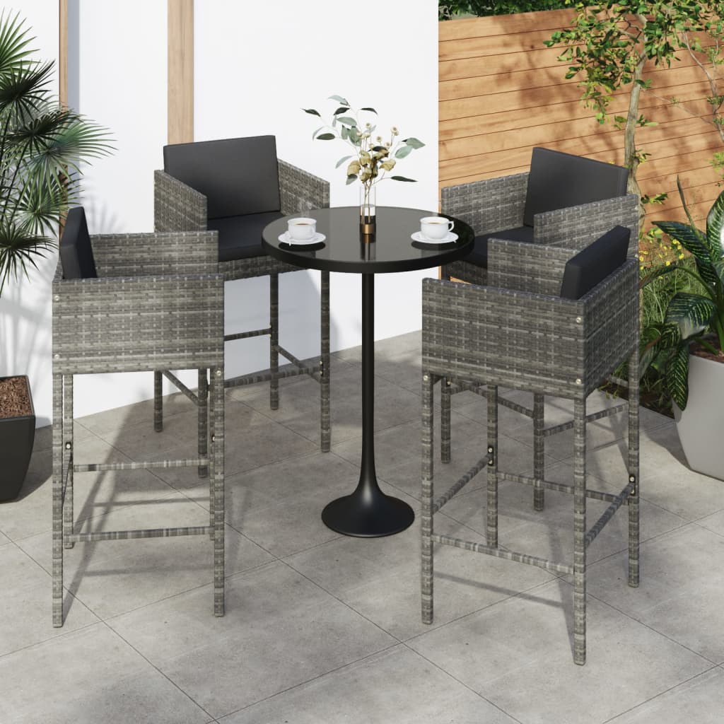 vidaXL Barové stoličky 4 ks s podložkami sivé polyratanové