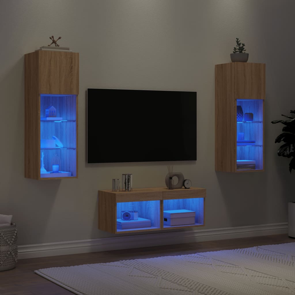 vidaXL 4-dielne TV nástenné skrinky s LED svetlami dub sonoma
