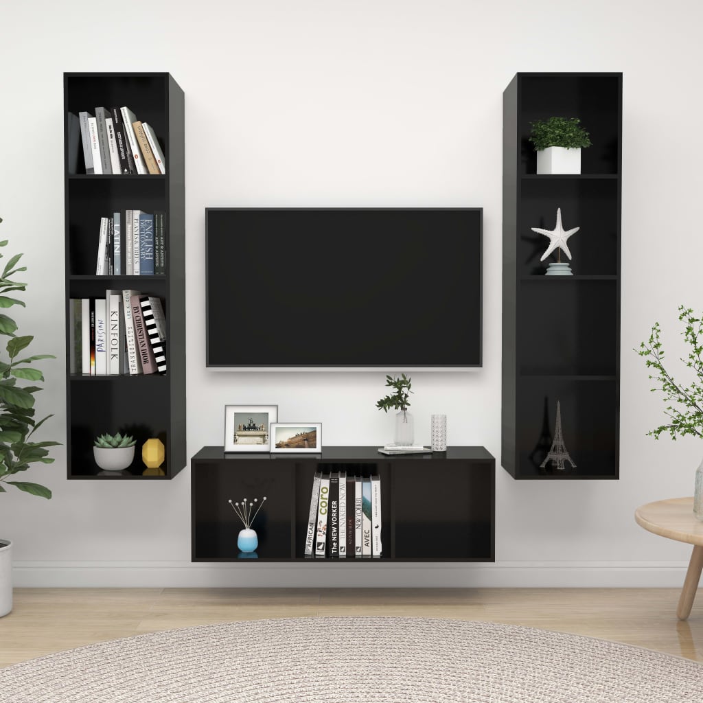 vidaXL 3-dielna súprava TV skriniek vysokolesklá čierna drevotrieska