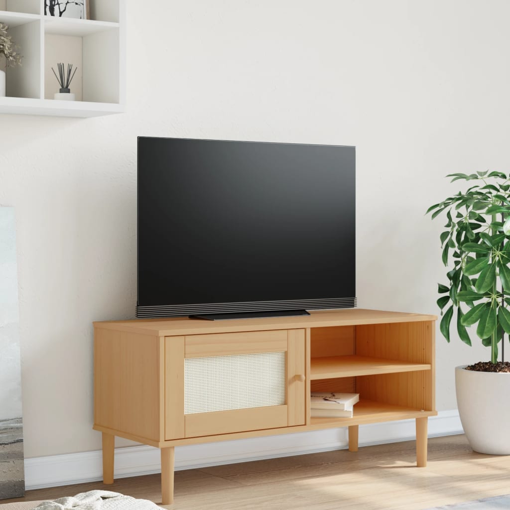 vidaXL TV skrinka SENJA ratanový vzhľad hnedá 106x40x49 cm borovica