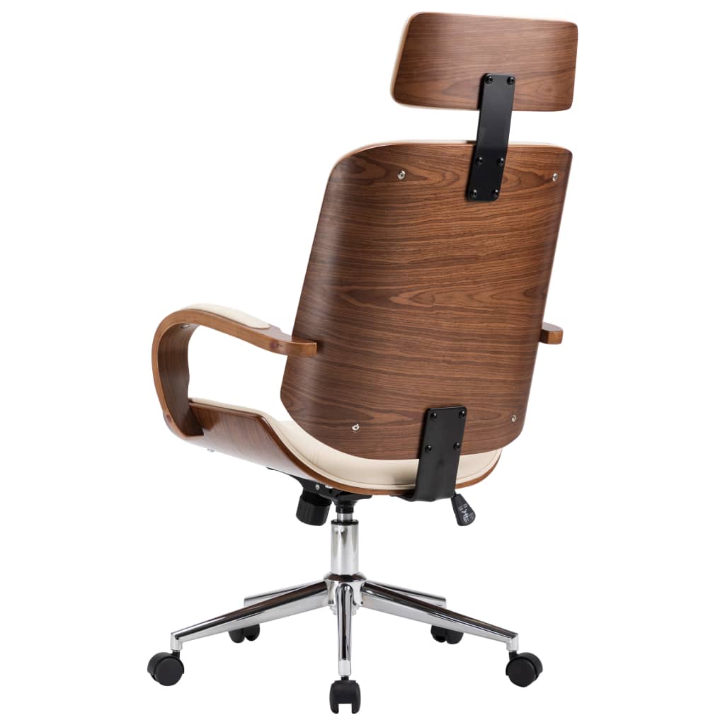 Otočná kancelárska stolička s opierkou hlavy krémová umelá koža a ohýbané drevo