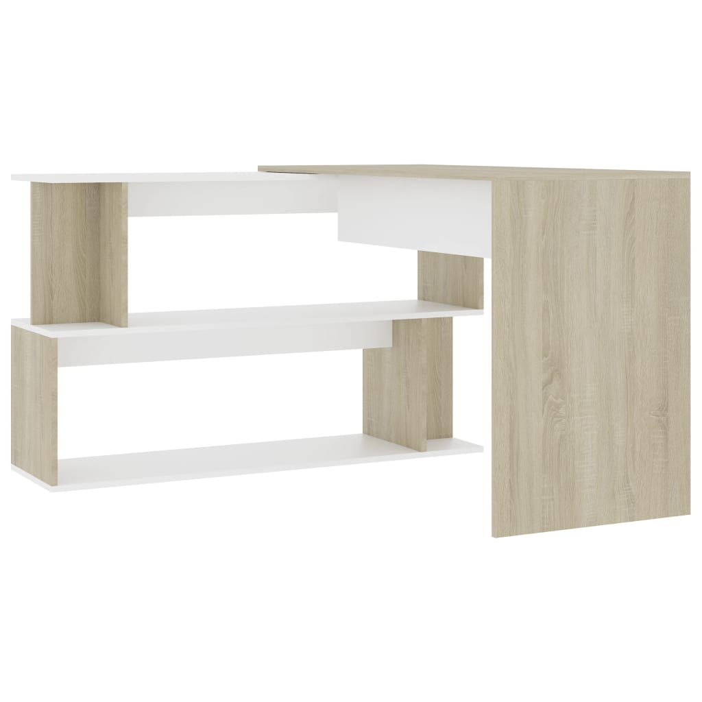 vidaXL Rohový stôl, biela a dub sonoma 200x50x76 cm, kompozitné drevo