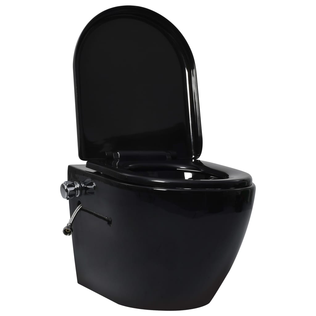 vidaXL Závesné bezokrajové WC so skrytou nádržkou čierne keramické