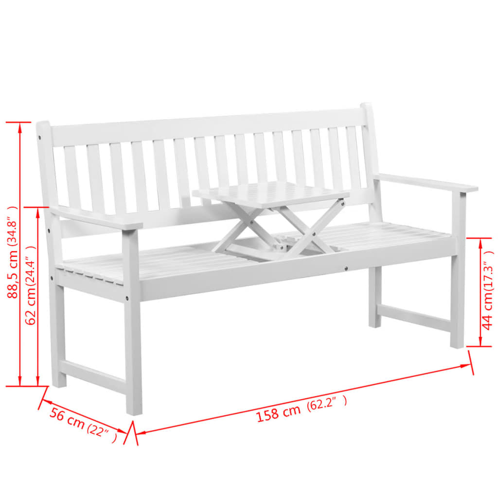 vidaXL Záhradná lavička, vyklápací stolík 158cm, akáciový masív, biela