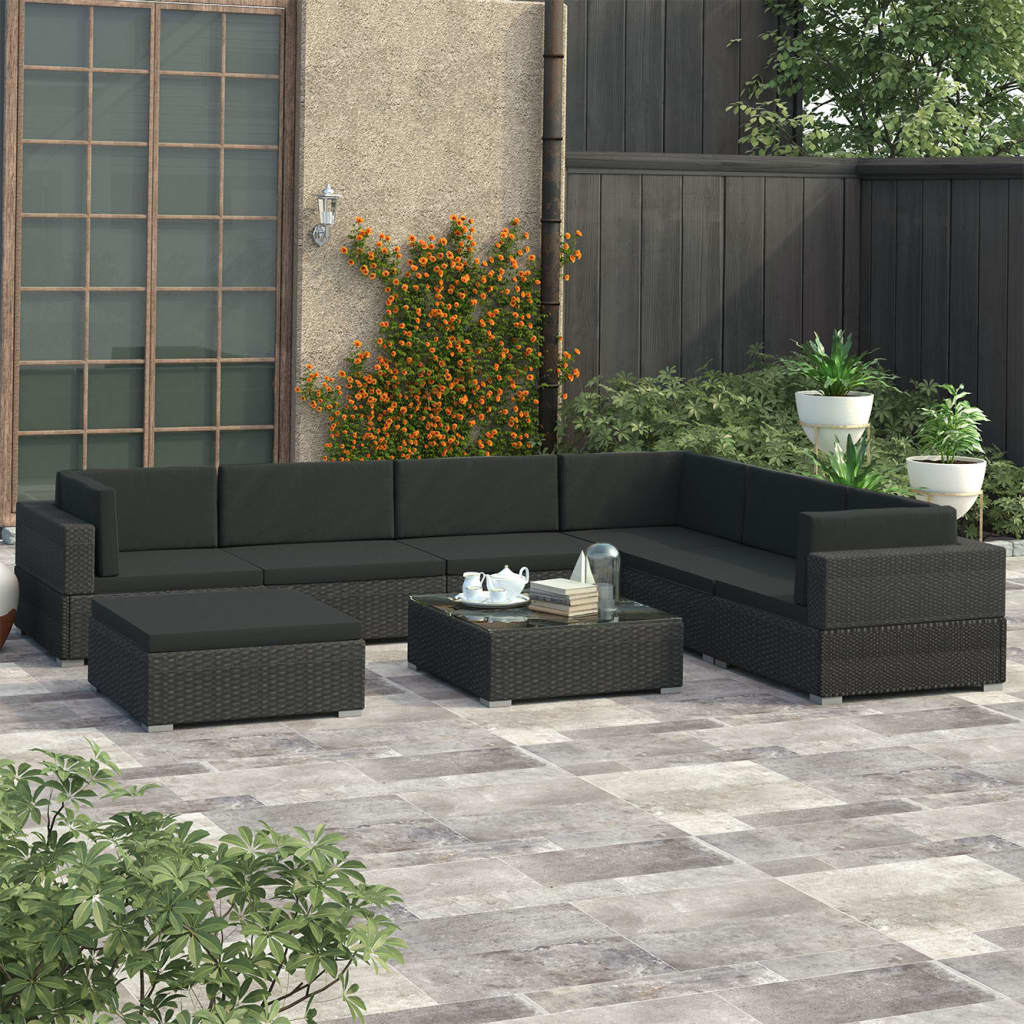 vidaXL 8-dielna záhradná sedacia súprava+podložky, polyratan, čierna