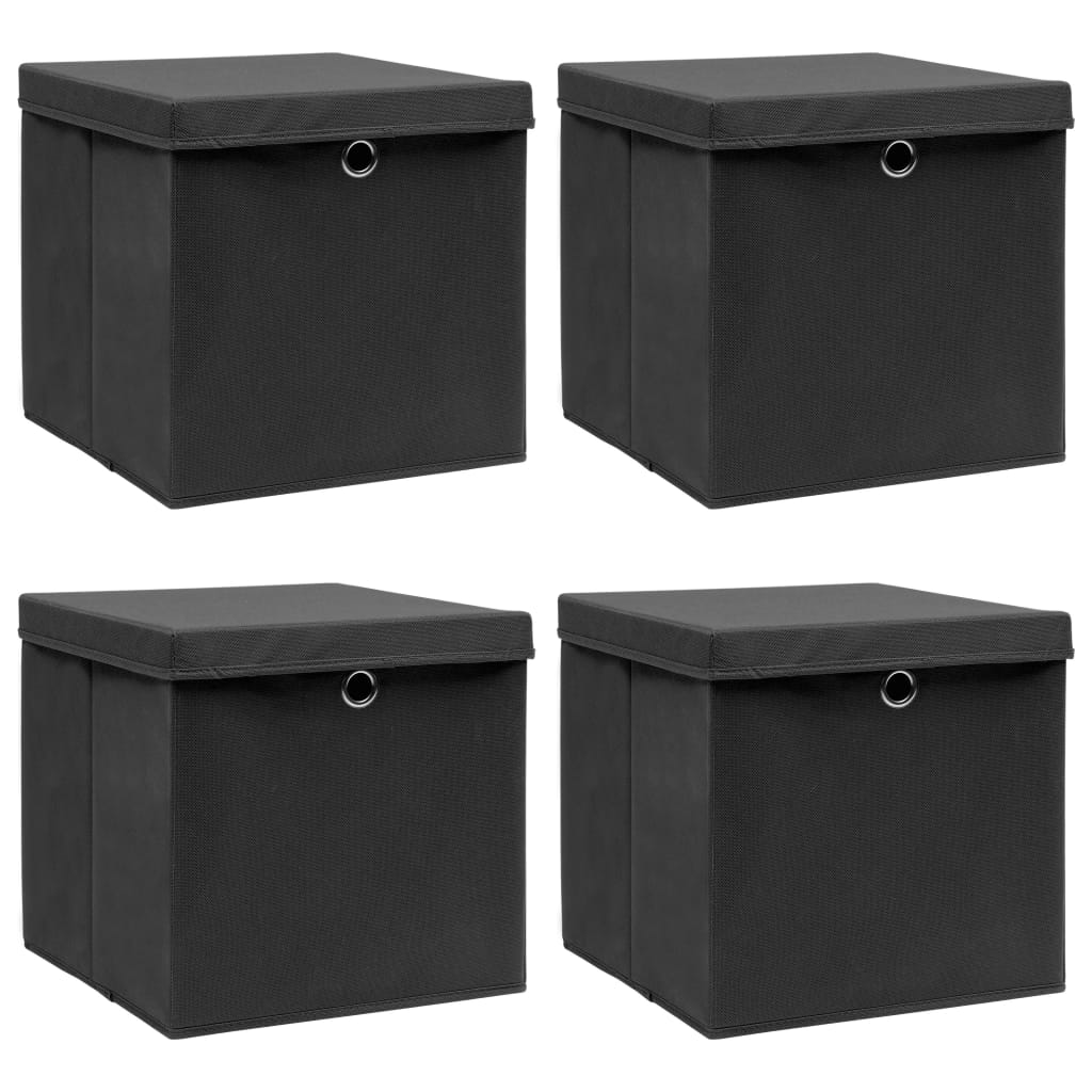 vidaXL Úložné boxy s vekom 4 ks, čierne 32x32x32 cm, látka
