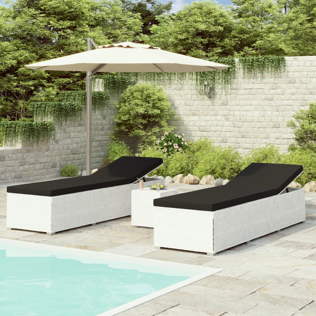 vidaXL 3-dielne záhradné lehátka s čajovým stolíkom biele polyratanové