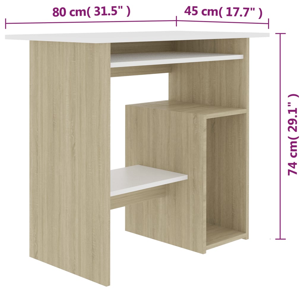 vidaXL Písací stôl, biela a dub sonoma 80x45x74 cm, drevotrieska