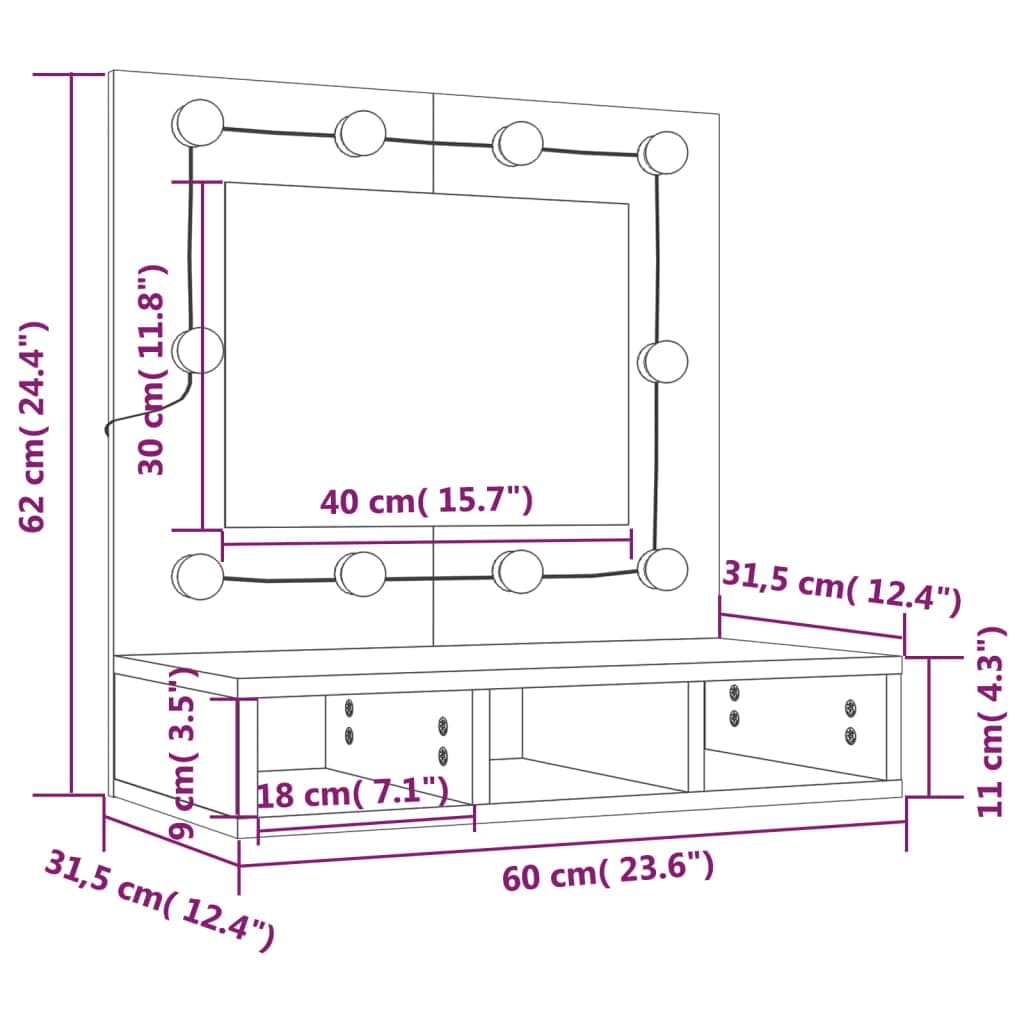 vidaXL Zrkadlová skrinka s LED biela 60x31,5x62 cm