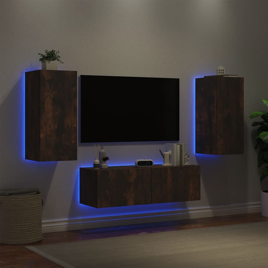 vidaXL 3-dielne TV nástenné skrinky s LED svetlami dymový dub