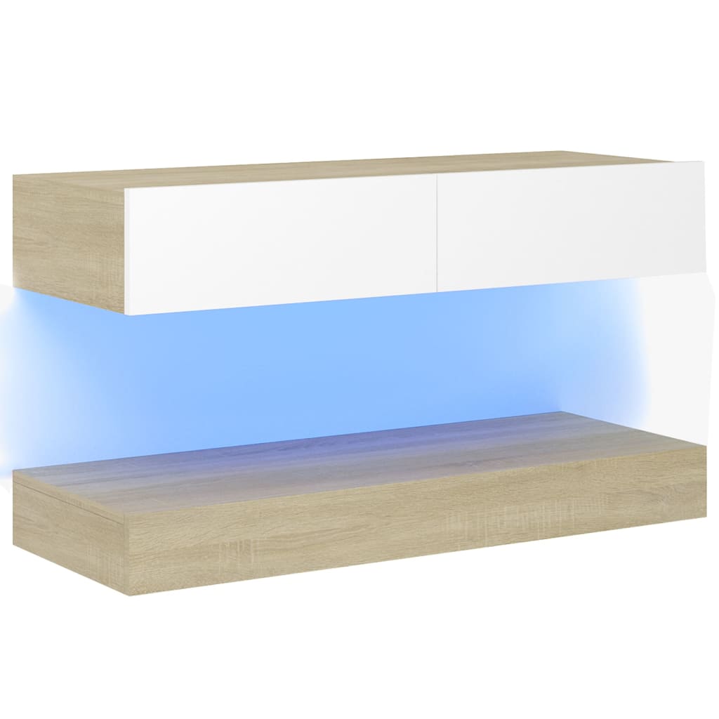 vidaXL TV skrinka s LED svetlami biela a dub sonoma 90x35 cm