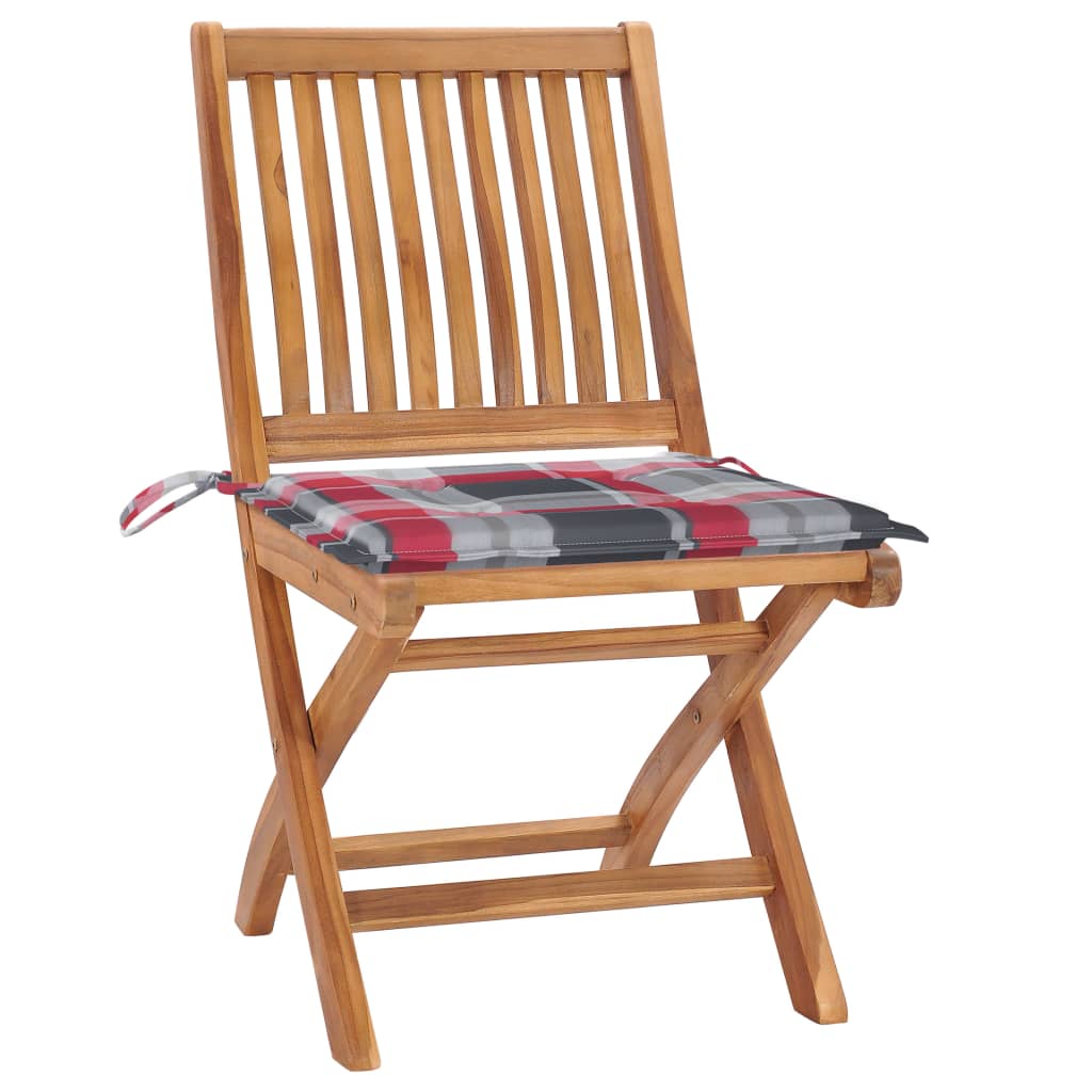 vidaXL Záhradné stoličky 2ks, červené kockované podložky, tíkový masív