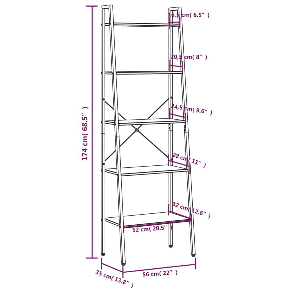 vidaXL 5-poschodová rebríková polica tmavohnedá a čierna 56x35x174 cm