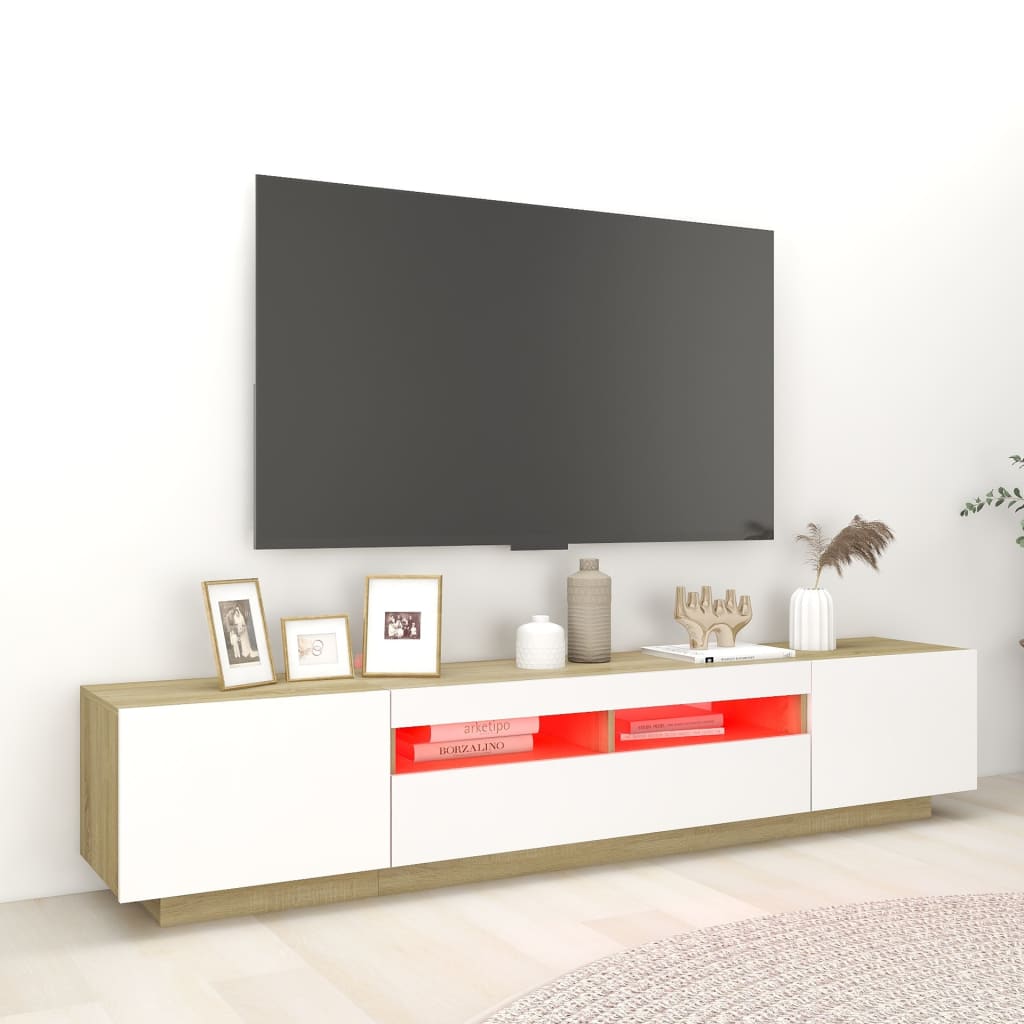 vidaXL TV skrinka s LED svetlami biela a dub sonoma 200x35x40 cm
