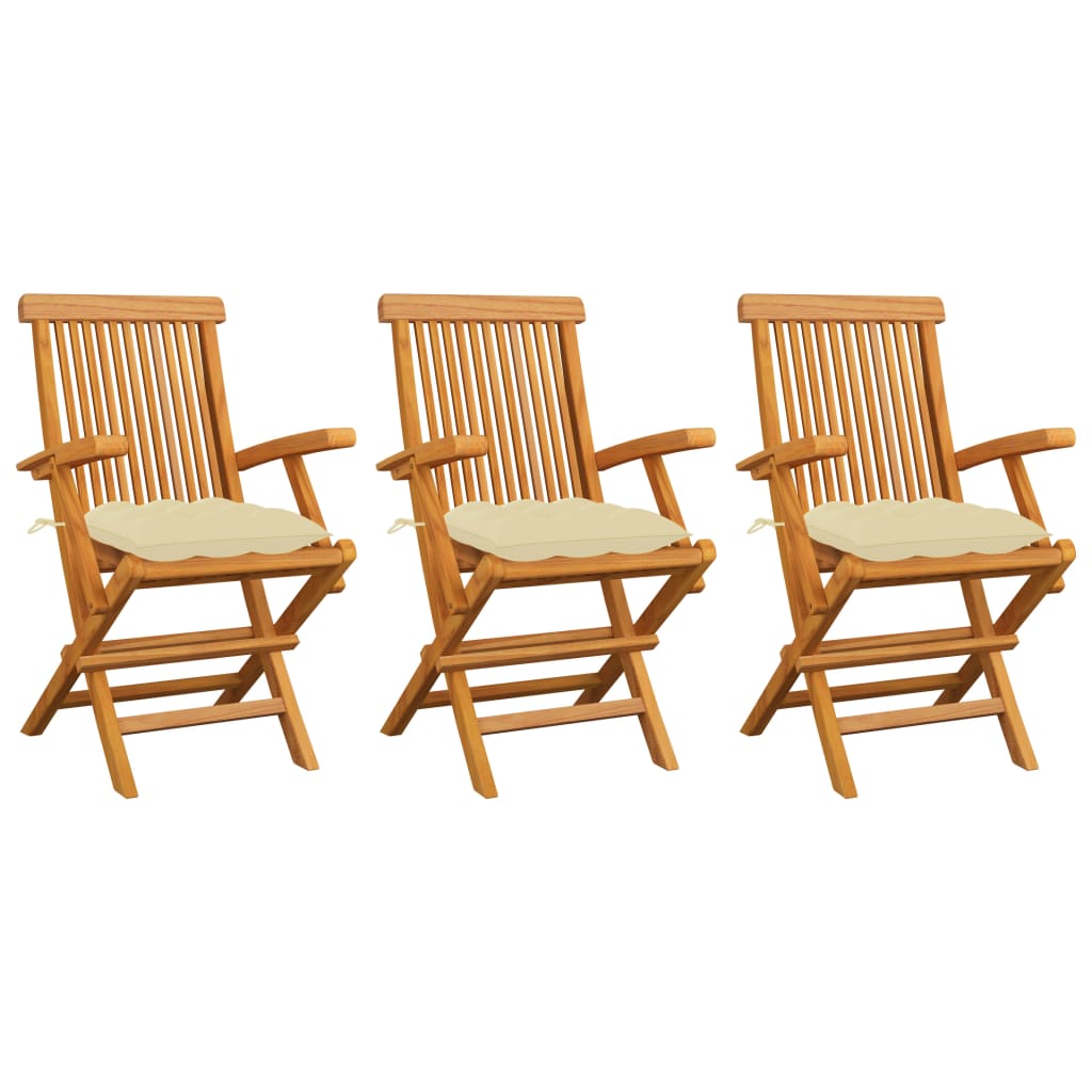vidaXL Záhradné stoličky s krémovo-bielymi podložkami 3ks tíkový masív