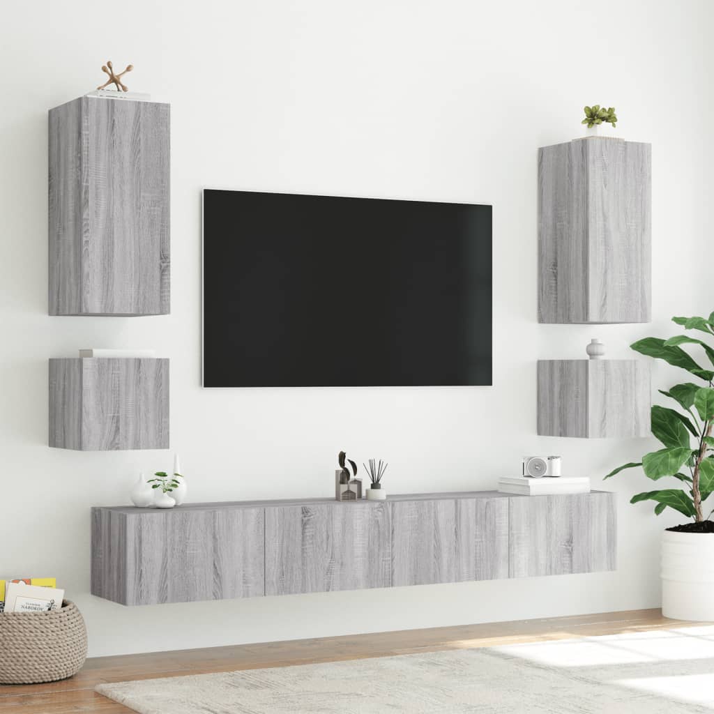 vidaXL 6-dielne TV nástenné skrinky s LED svetlami sivý dub sonoma