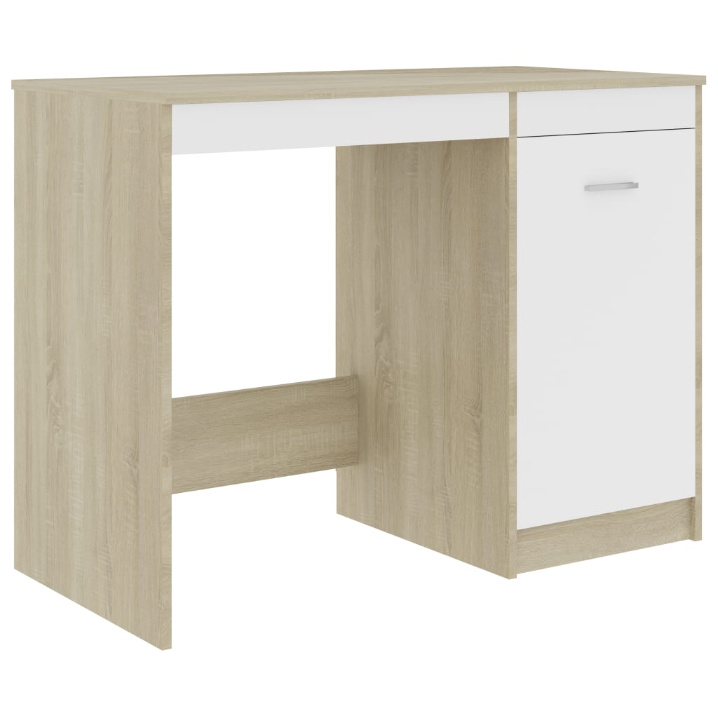 vidaXL Písací stôl, biela a dub sonoma 100x50x76 cm, drevotrieska