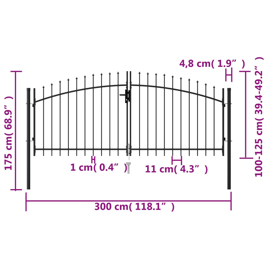 vidaXL Dvojkrídlová plotová brána s hrotmi, oceľ 3x1,25 m, čierna