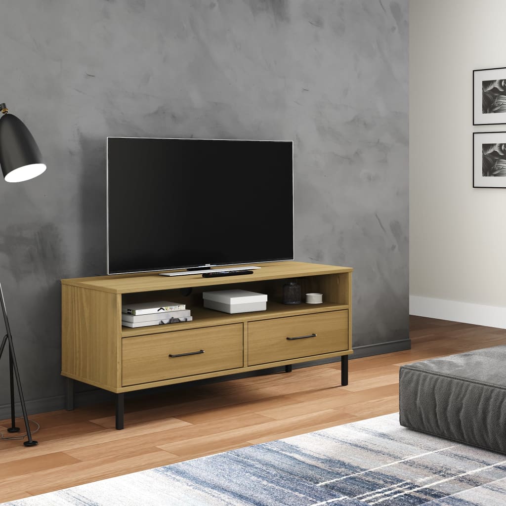 vidaXL TV skrinka s kovovými nohami hnedá masívna borovica OSLO