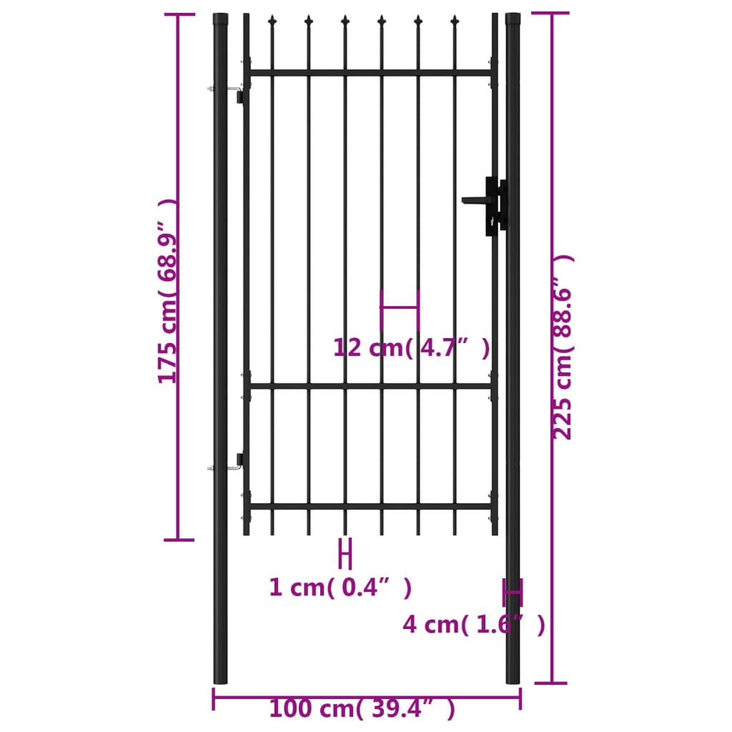 vidaXL Jednokrídlová plotová brána s hrotmi, oceľ 1x1,75 m, čierna