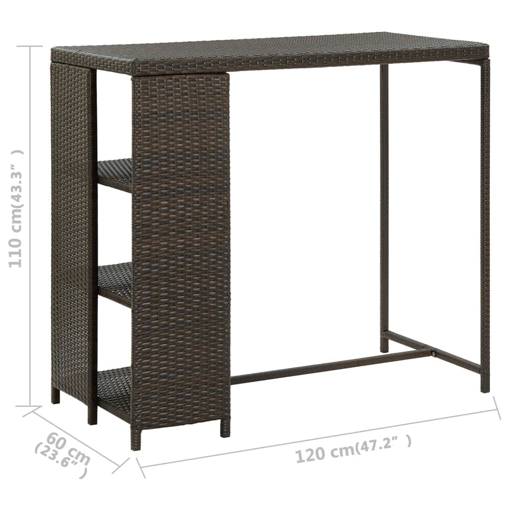 vidaXL Barový stolík s úložným regálom hnedý 120x60x110 cm polyratan