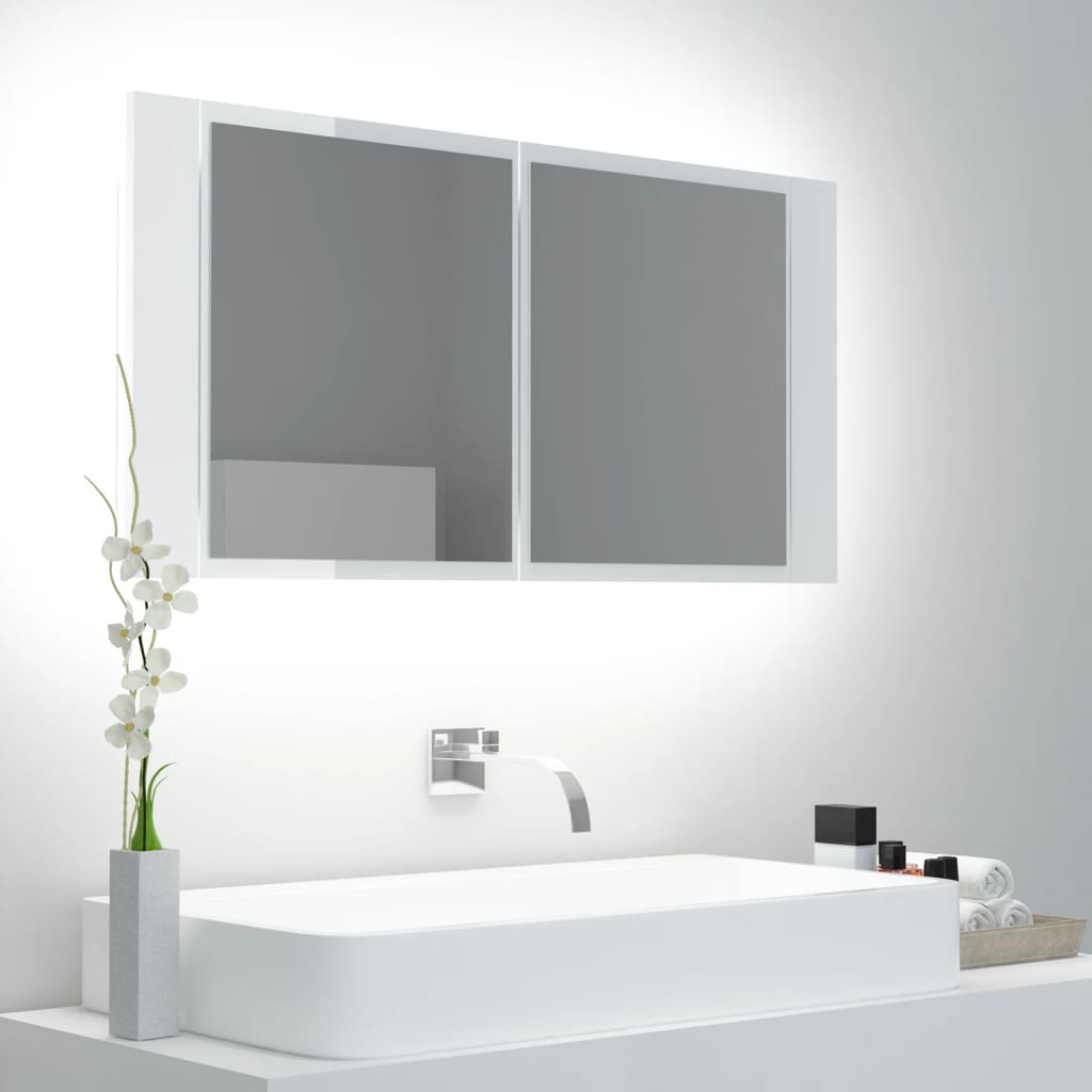 vidaXL LED kúpeľňová zrkadlová skrinka lesklá biela 90x12x45 cm akryl