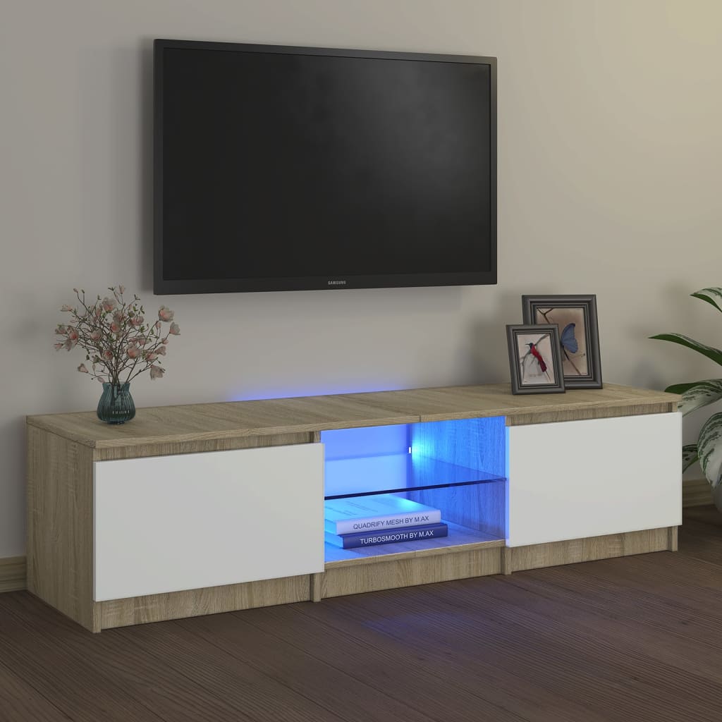 vidaXL TV skrinka s LED svetlami biela a dub sonoma 140x40x35,5 cm
