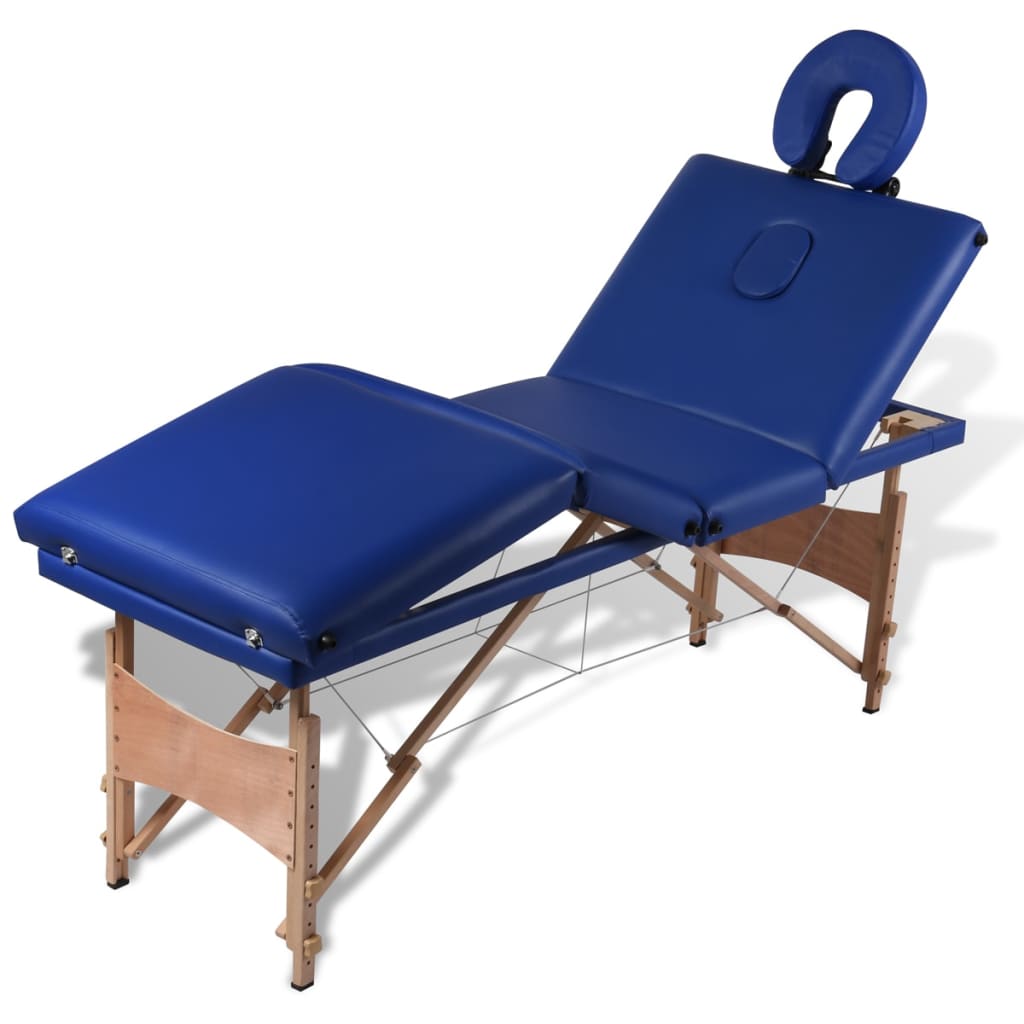 vidaXL Modrý skladací masážny stôl, 4 zóny, drevený rám