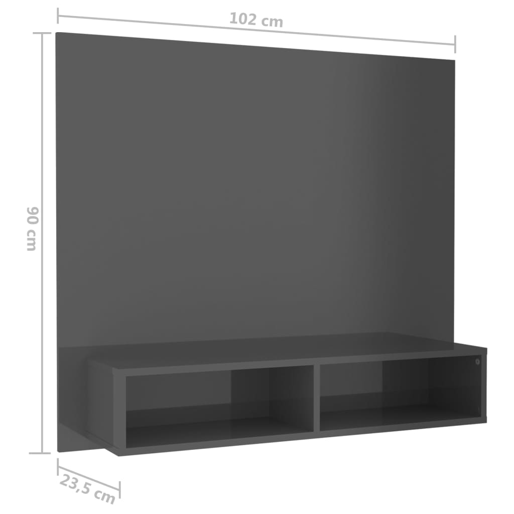 vidaXL Nástenná TV skrinka lesklá sivá 102x23,5x90 cm drevotrieska