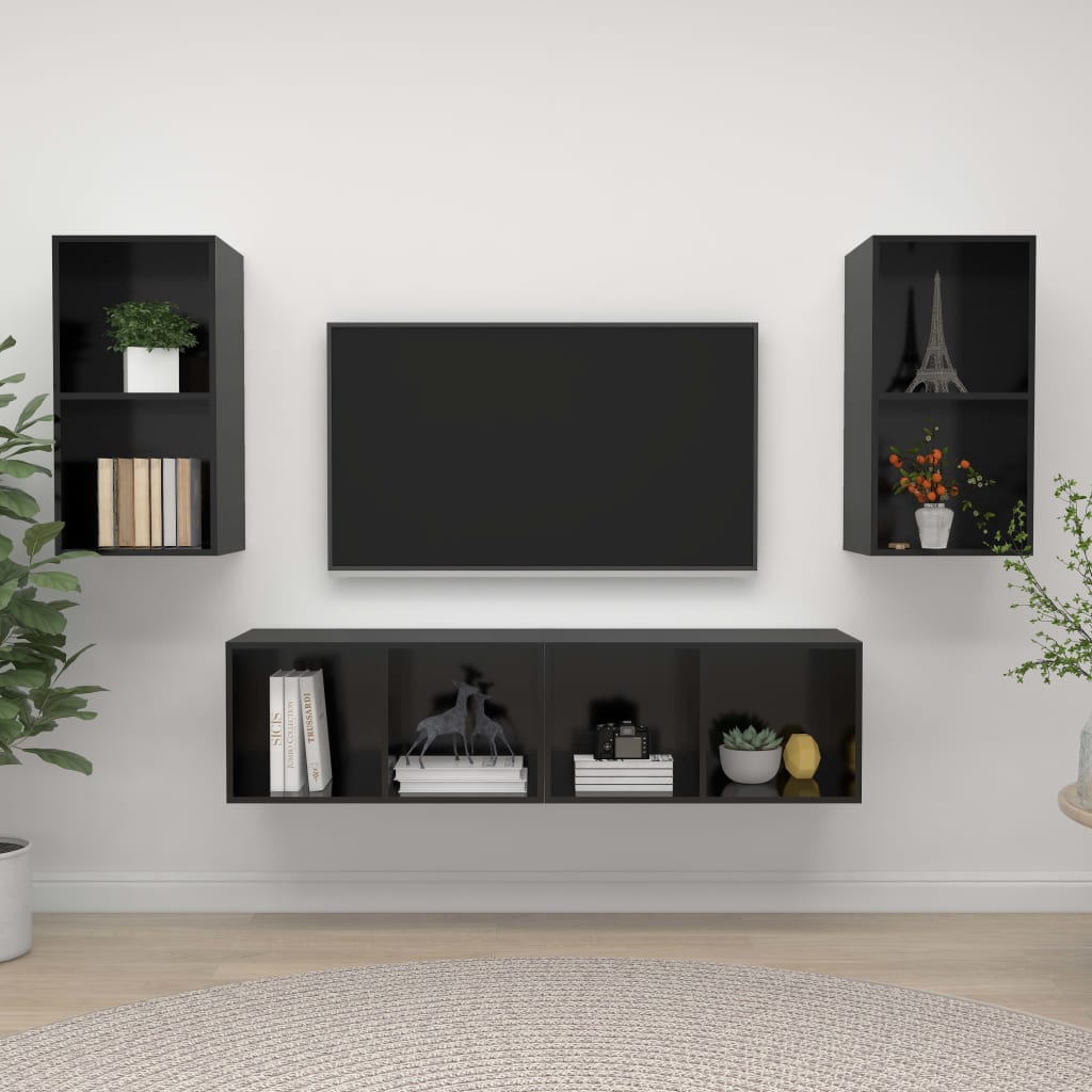 vidaXL Nástenné TV skrinky 4 ks lesklé čierne drevotrieska