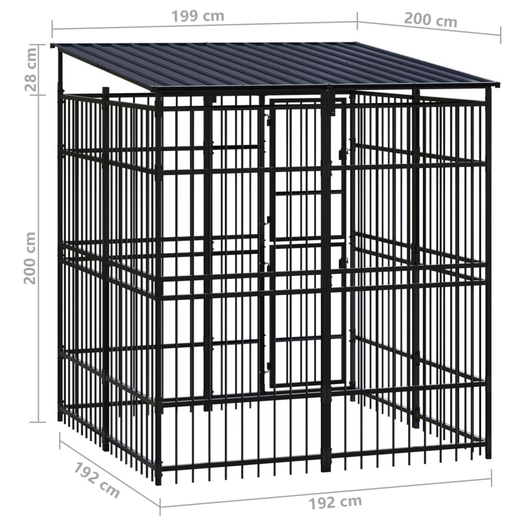 vidaXL Vonkajší koterec pre psov s oceľovou strechou 3,69 m²