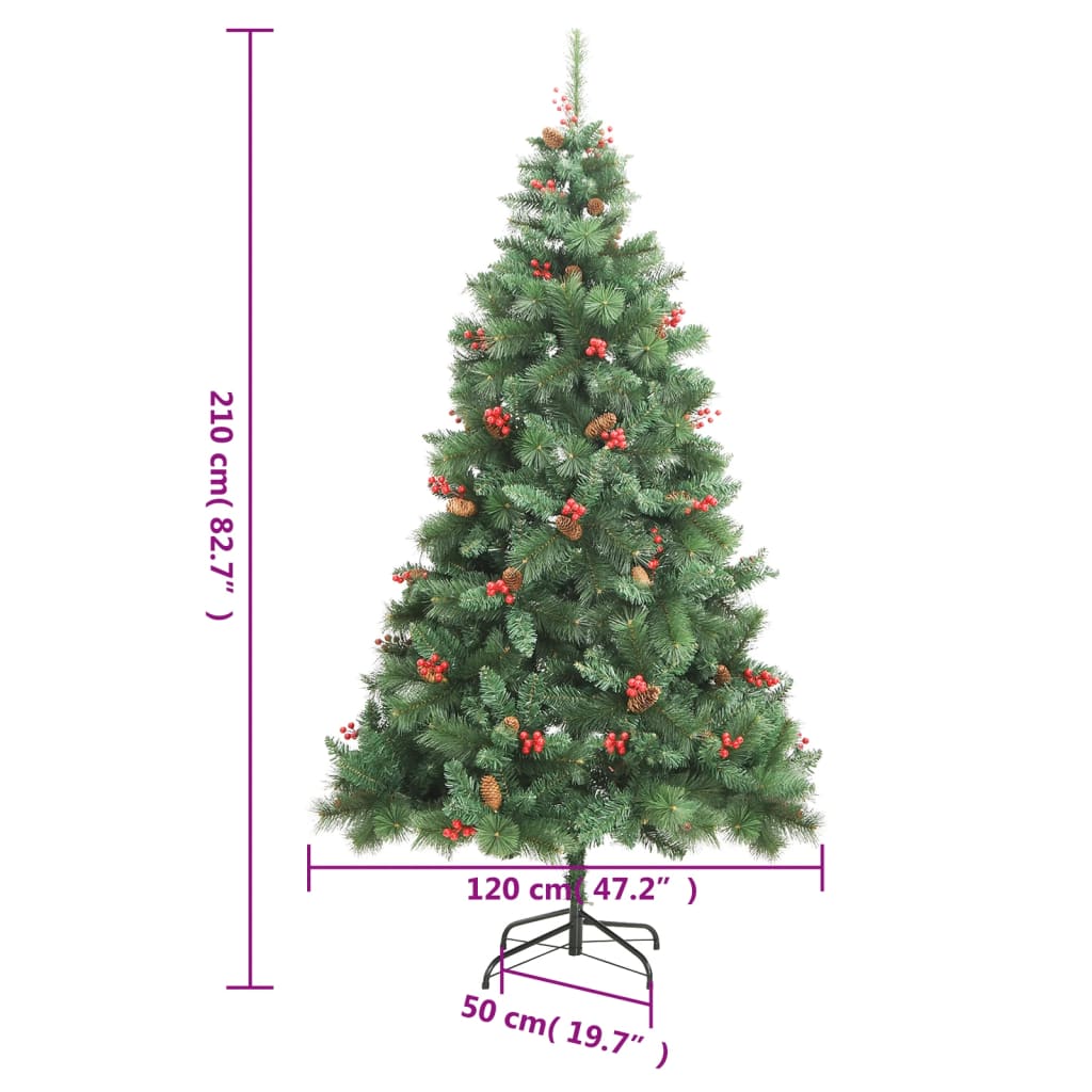 vidaXL Umelý výklopný vianočný stromček so šiškami a bobuľami 210 cm