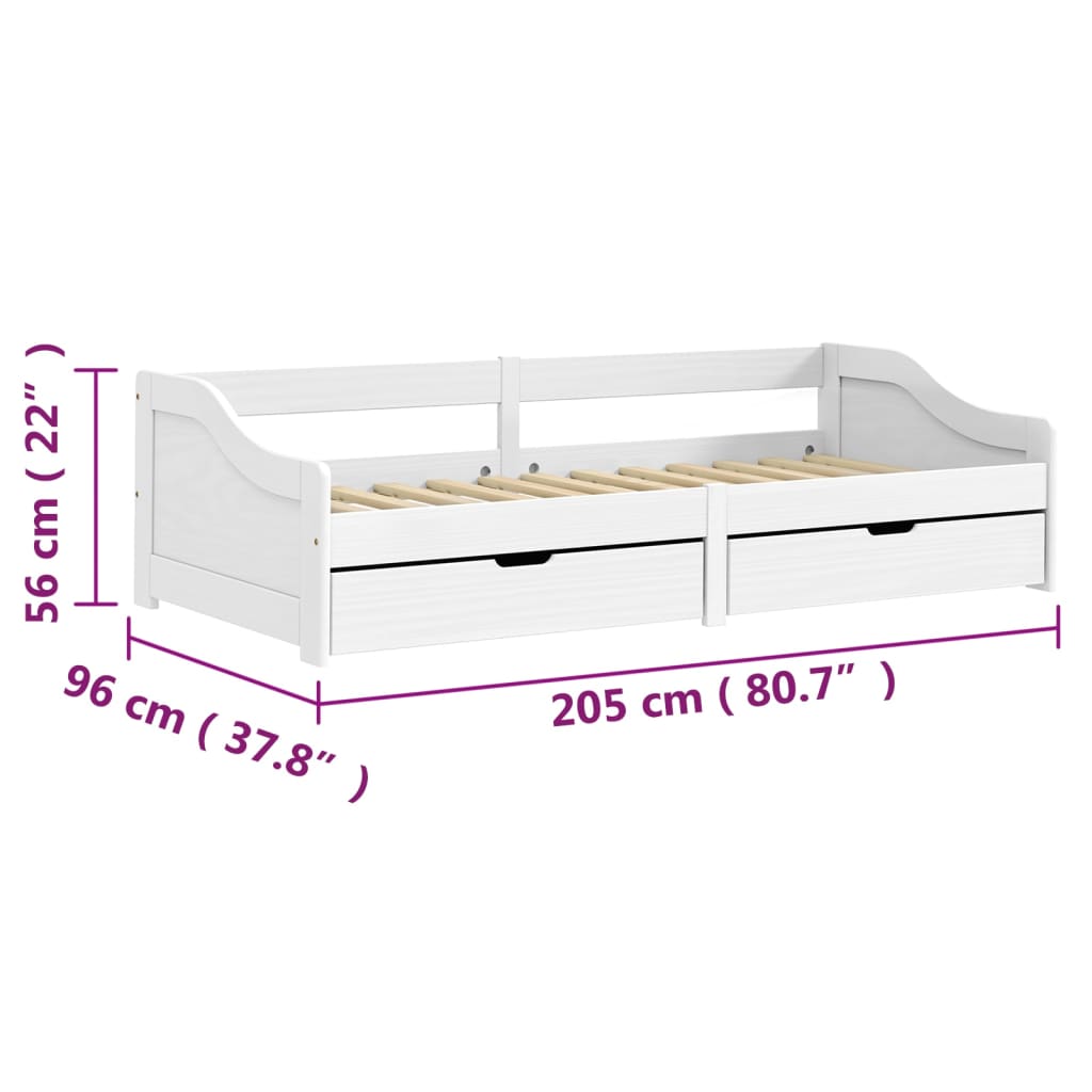 vidaXL Denná posteľ s 2 zásuvkami biela 90x200cm masívna borovica IRUN