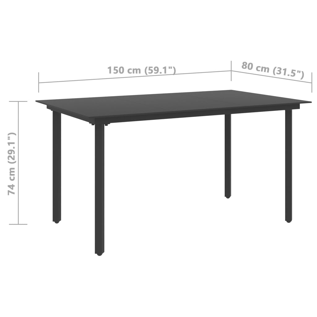 vidaXL Záhradný jedálenský stôl čierny 150x80x74 cm oceľ a sklo