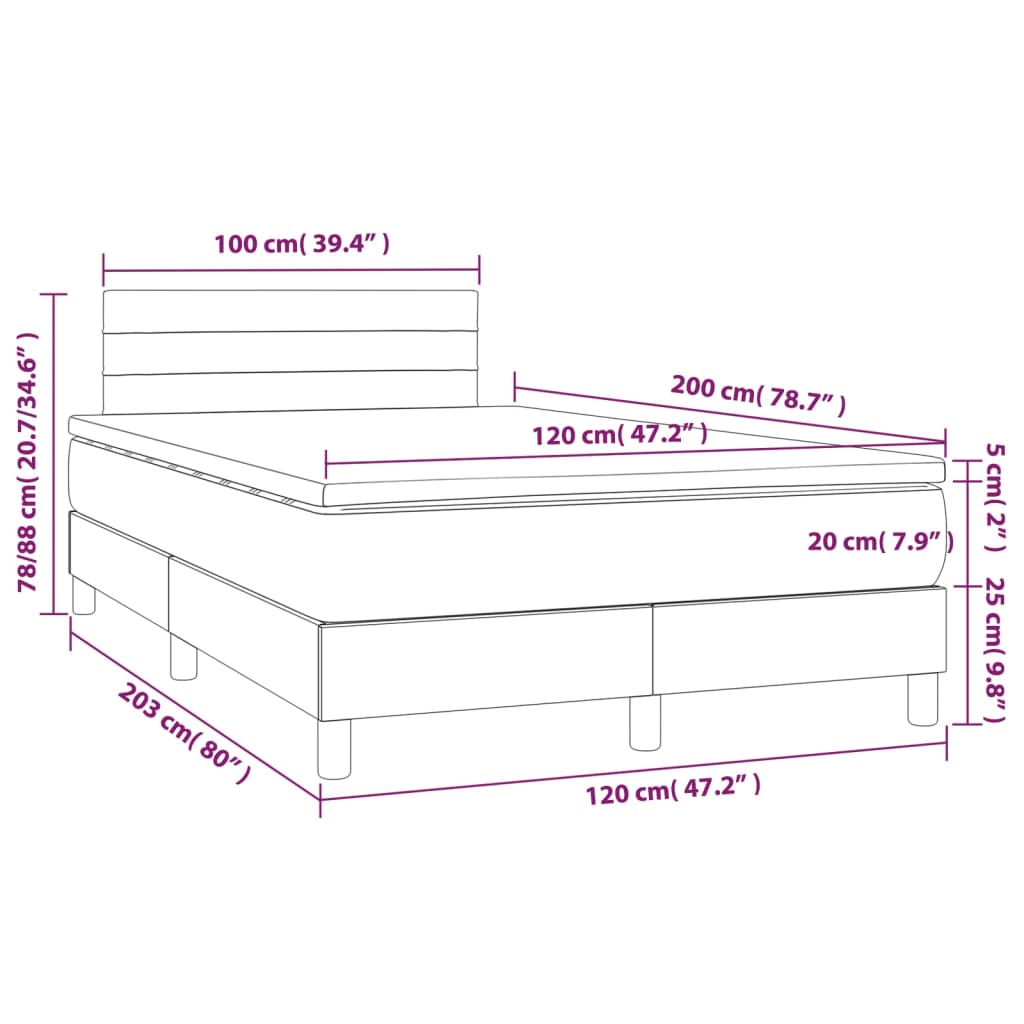 vidaXL Posteľný rám boxsping matrac a LED tmavomodrý 120x200 cm zamat