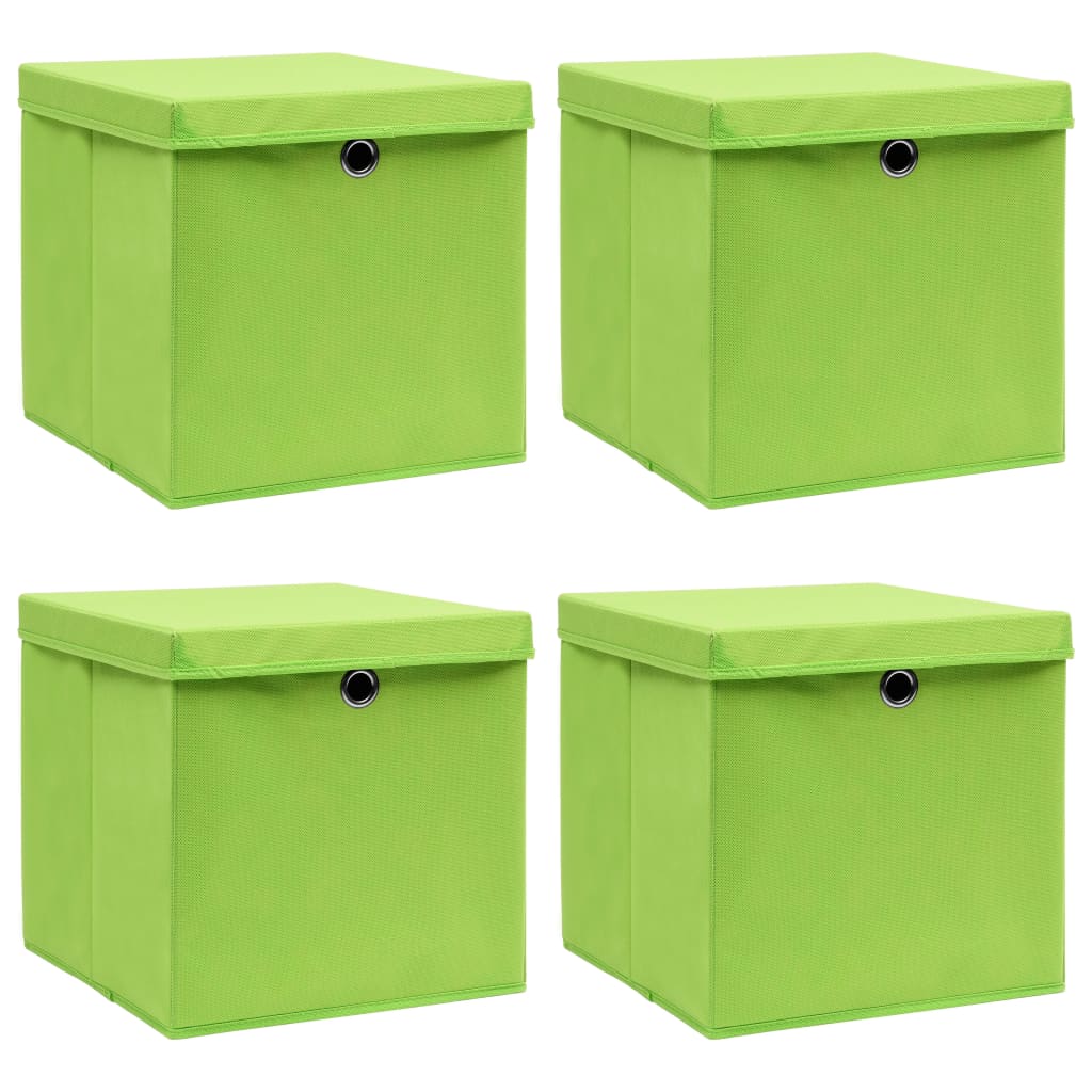 vidaXL Úložné boxy s vekom 4 ks, zelené 32x32x32 cm, látka