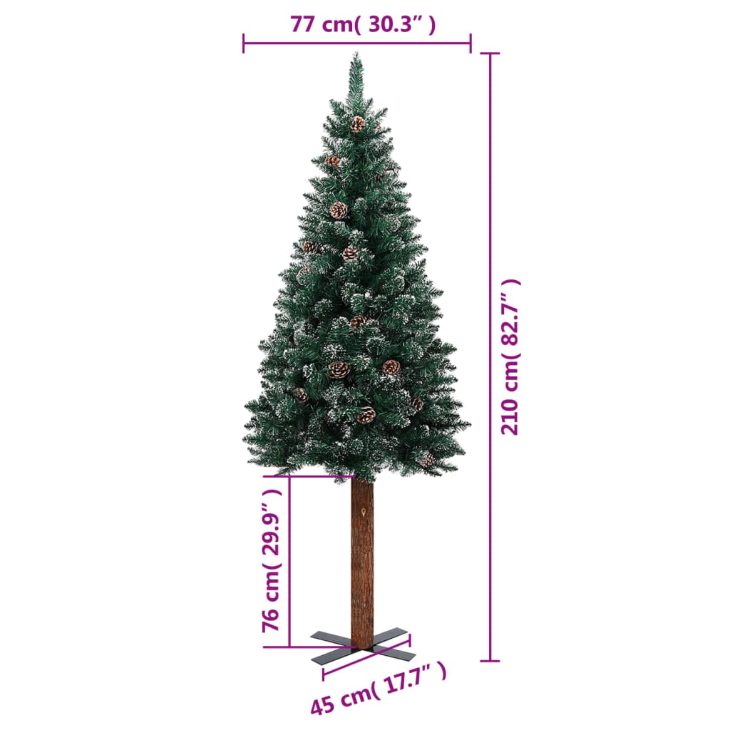 vidaXL Úzky vianočný stromček, pravé drevo a biely sneh, zelený 210 cm