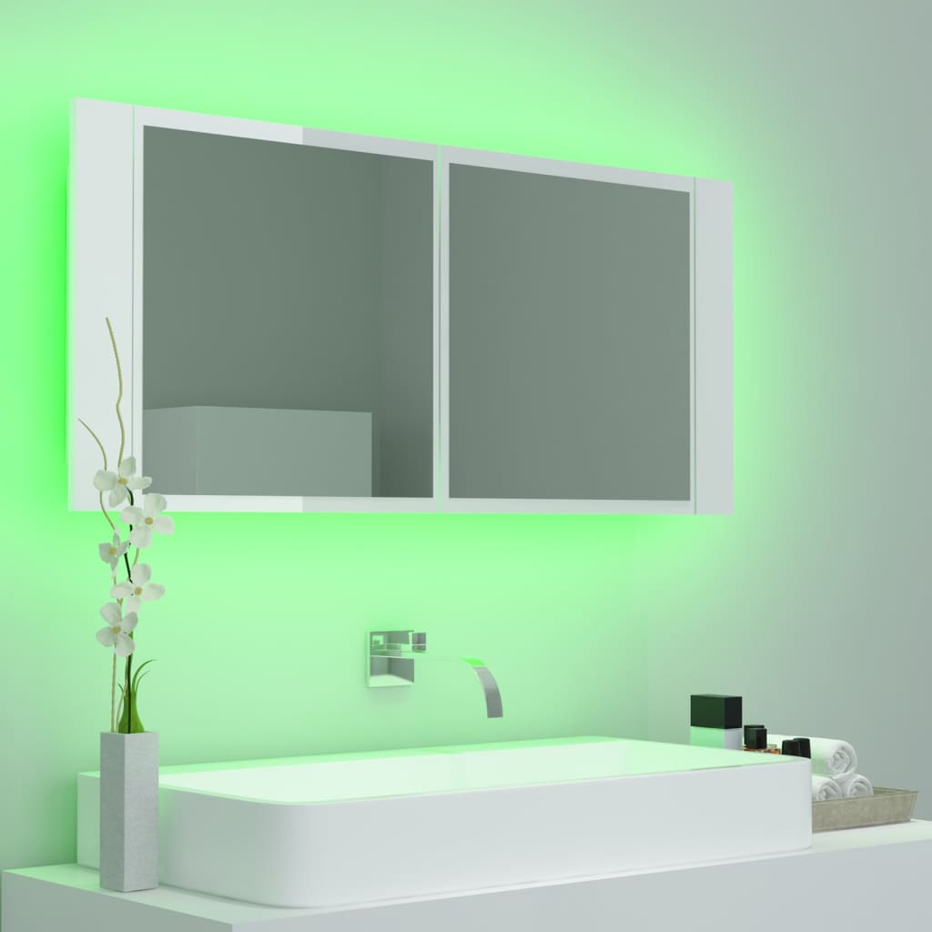 vidaXL LED kúpeľňová zrkadlová skrinka lesklá biela 100x12x45 cm akryl