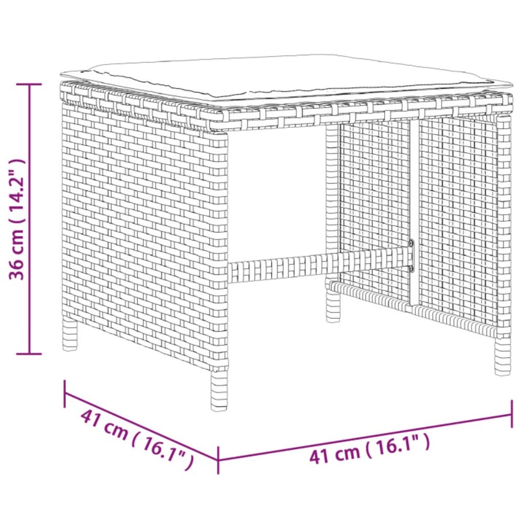 vidaXL Záhradné taburetky s vankúšmi 4 ks sivé 41x41x36 cm polyratan
