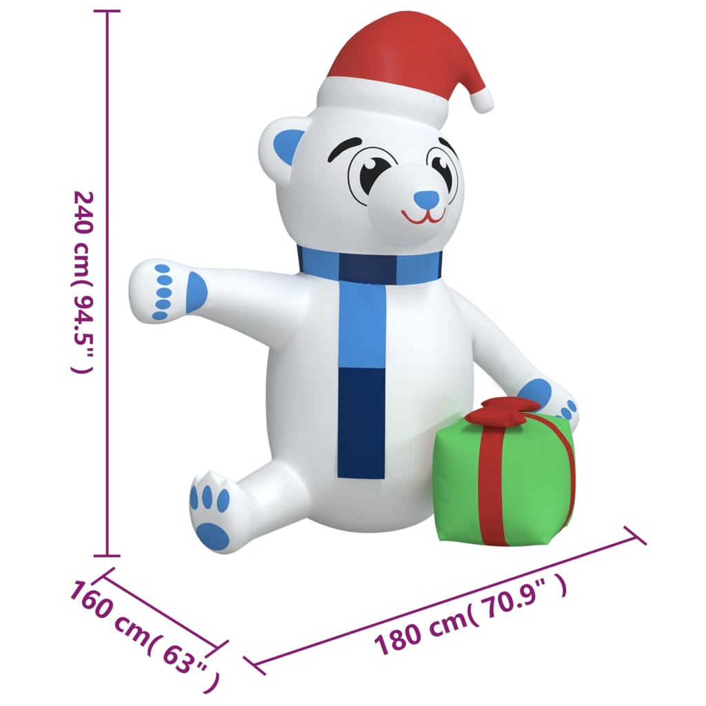 vidaXL Nafukovací vianočný medvedík s LED 240 cm
