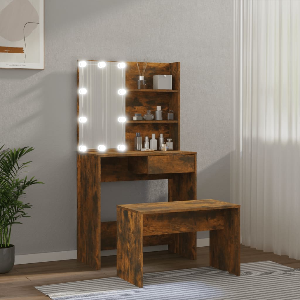 vidaXL Sada toaletného stolíka s LED údený dub spracované drevo