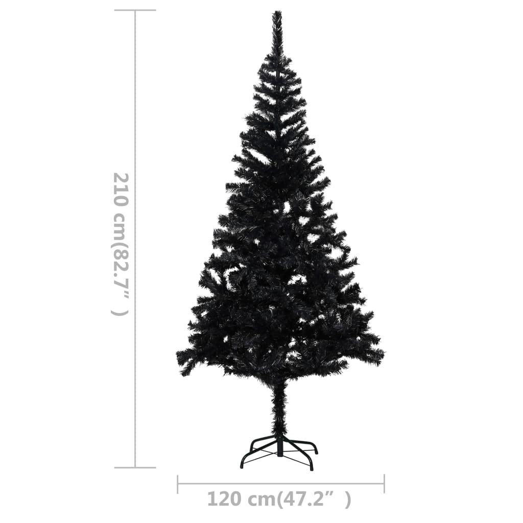 vidaXL Osvetlený umelý vianočný stromček+stojan, čierny 210 cm, PVC