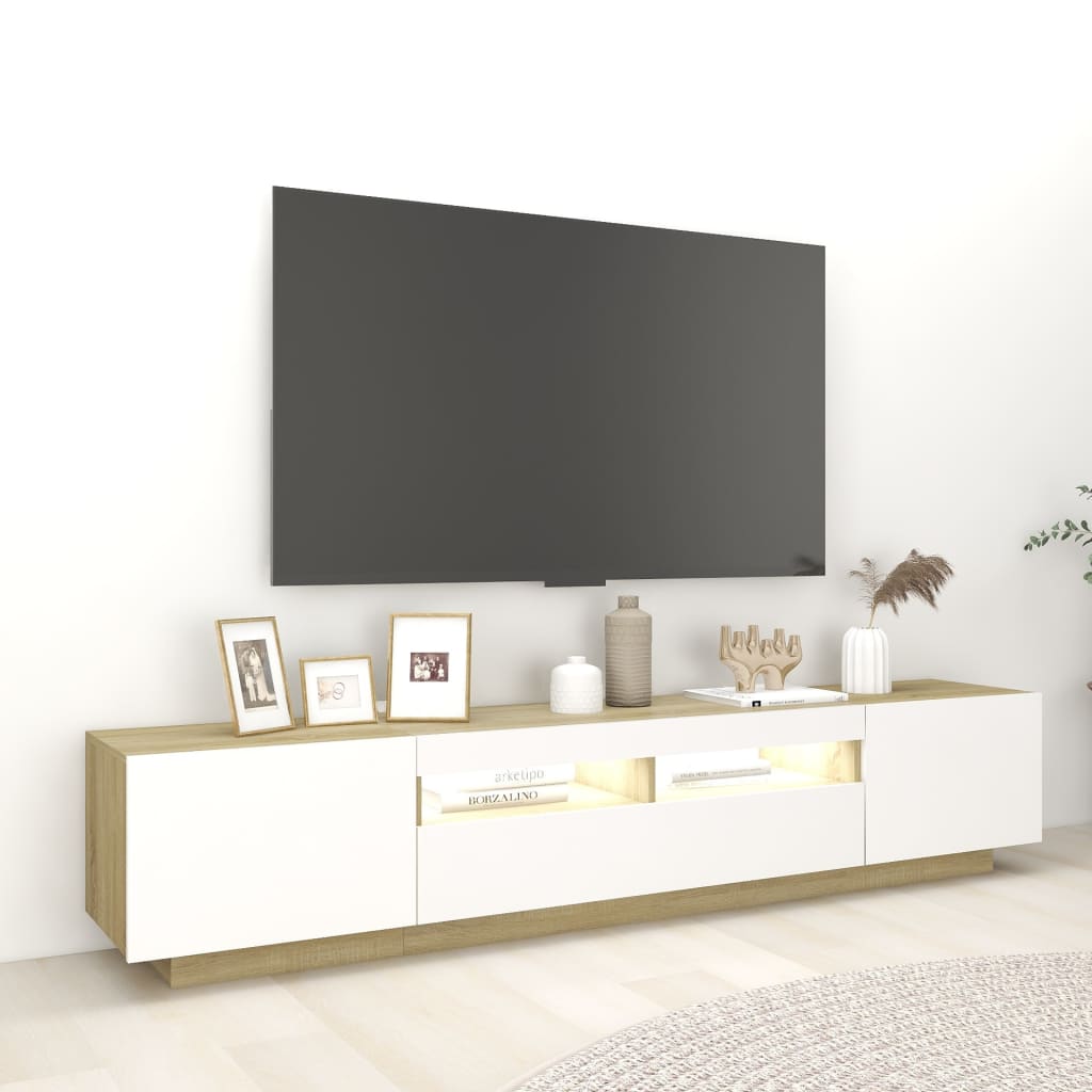 vidaXL TV skrinka s LED svetlami biela a dub sonoma 200x35x40 cm